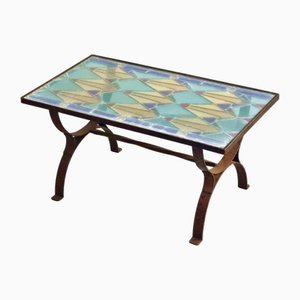 Brutalist French Coffee Table in Steel & Stained Glass, 1970s