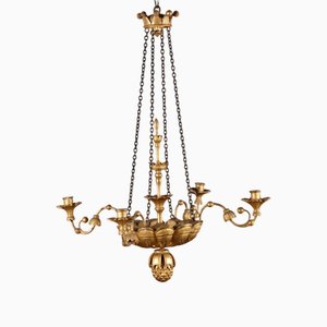 Lámpara de araña Biedermeier antigua de hierro y madera tallada, Italia, siglo XIX