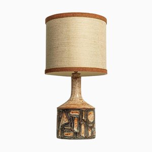 Lampada da tavolo grande in ceramica con paralume in seta attribuita a R. Houben, Danimarca, anni '70