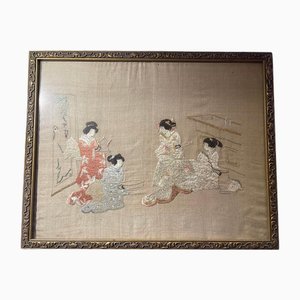Cuadro enmarcado bordado en seda japonés Mid-Century