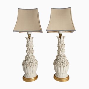 White Ceramic Table Lamps with Flower Motif from Bondia, Spain, 1950s, Set of 2