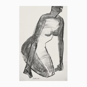 Georges (géo) De Vlamynck, Abstract Nude Woman, Fusain Ink Chalk on Wet Paper