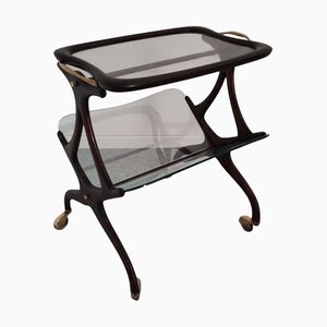 Italian Wooden and Brass Bar Cart with Magazine Rack attributed to Cesare Lacca, 1950s