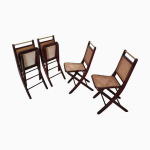 Sillas plegables de latón con asiento y respaldo de paja de Viena, Italia, años 70. Juego de 4
