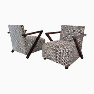 Italian Art Deco Armchairs in Walnut and Geometric Fabric, 1930s, Set of 2