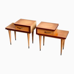 Mid-Century French Bedside Tables in Beech & Brass, 1960s, Set of 2