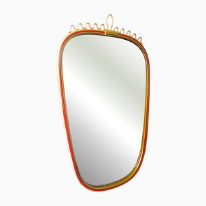 Mid-Century Wall Mirror in Gold Brass Frame & Red Original Details from Lenzgold, 1960s