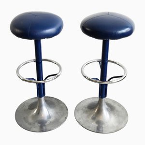Taburetes de bar vintage de acero y cuero sintético, años 70. Juego de 2