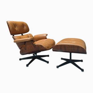 Set de Fauteuil et Ottomane Vitra Eames en Cuir Cognac par Charles et Ray Eames pour Vitra