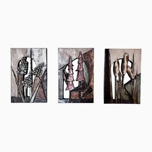 Glazed Ceramic Art Relief-Like Wall Panels with Plant Motifs from Ruscha Keramik, West Germany 1960s, Set of 3