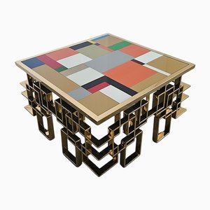 Low Coffee Table in Chrome-Gold Steel and Multicolored Murano Glass Top, 1980s
