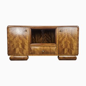 Art Deco Kosmetikschrank aus Nussholz mit Schiebeglas & Messingknöpfen, 1940