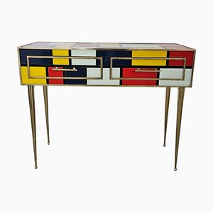 Consolle vintage in vetro con due cassetti, anni '80
