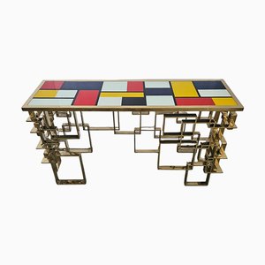 Double-Sided Console Tavle in Chrome-Gold Steel and Multicolored Murano Glass Top, 1980s