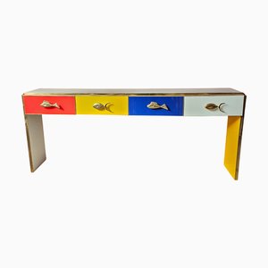 Green Glass Console Table with Drawers, 1980s