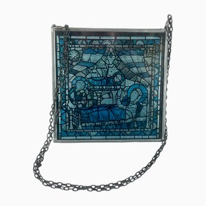 Pannello in vetro colorato dipinto a mano, Francia, anni '50