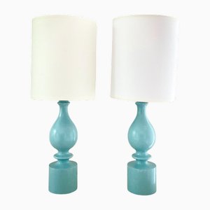 Philippe Capelle Nachttischlampen aus gedrechseltem Holz in Himmelblau, 1970, 2er Set