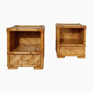 Vintage Italian Riviera Nightstands in Rattan and Fir Wood, 1970s, Set of 2