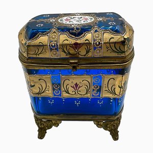 Antique 19th Century Moser Blue Enamelled Glass Jewelry Box, Bohemia