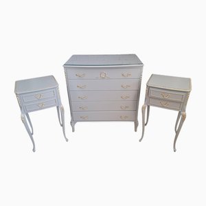 Französische Louis XV Kommode & Nachtschränke in Grau - Gold Lackiertes Schlafzimmer Set, 3er Set