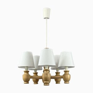 Vintage Five-Light Chandelier in Pine and Fabric, 1970s