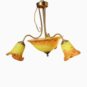 Lampe à Suspension Art Nouveau en Verre et Laiton