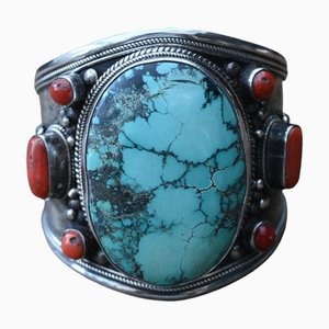 Sterling Silver Bracelet with Red Coral and Turquoise, Nepal
