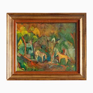 French School, Horses on a Forest Path, 1981, Oil Painting on Canvas, Framed