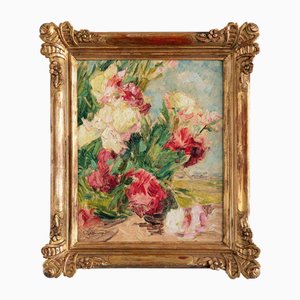 Georges Jeannin, Peonie contro un paesaggio, 1800, Dipinto ad olio su tela, Con cornice