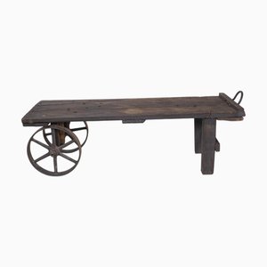 Table Basse Chariot d'Usine Industrielle Vintage en Bois et Fonte