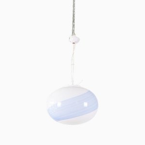 Lampe à Suspension en Verre Soufflé avec Décoration en Spirale Bleu Ciel, Italie, 1970s