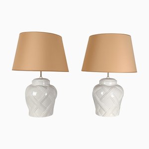 Italian Table Lamps in White Glazed Ceramic, 1970s, Set of 2