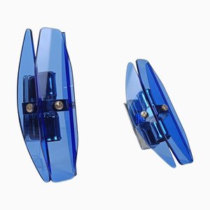 Italienische Wandlampen aus Chrom & blauem Facettenglas von Veca, 1970er, 2er Set