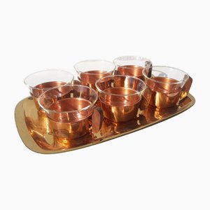 Verres à Thé et Plateau en Laiton Cuivré et Verre Jena par Schott, Mainz, 1970s, Set de 7
