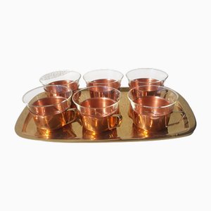 Teegläser & Tablett aus Kupfer, Messing & Jenaer Glas von Schott, Mainz, 1960er, 7 Set
