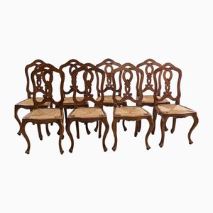 Antique Wooden Chairs with Straw Seats, Set of 8