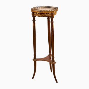 French Vase Holder Table in Wood with Brass and Marble, 1940s