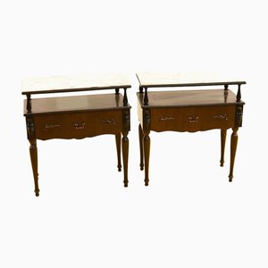Wooden Bedside Tables with Marble Top, 1950s, Set of 2