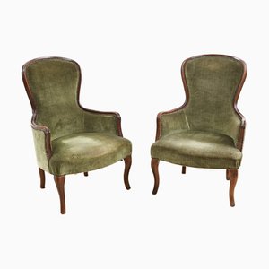 Set of Antique Walnut Armchairs with Green Velvet Seat