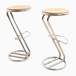 Tabourets en Métal et Bois Chrome, Set de 2