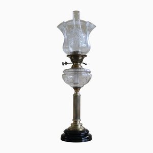 Art Nouveau Oil Lamp with Hand Blown, Etched Glass Shade and Duplex Burner, 1890s