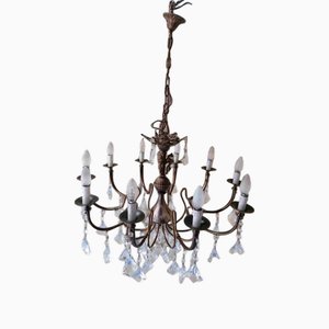 Brass Crystal Drop Chandelier 10 Lights from Bottega Veneziana, 1950s