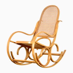 Rocking Chair en Bois Courbé avec Siège en Rotin par Luigi Crassevig, Italie, 1970s