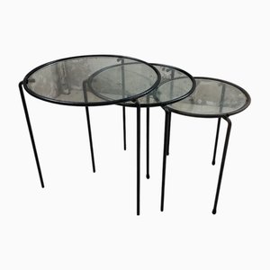 Vintage Metal and Glass Nesting Coffee Tables, 1950s, Set of 3