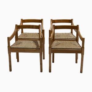 Vintage Straw and Wood Chairs by Vico Magistretti for Cassina, 1960s, Set of 4