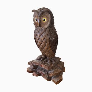 Swiss Black Forest Carved Owl with Glass Eyes, 1900s