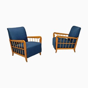 Set of Italian Art Deco Wooden Armchairs in Blue Fabric, 1940s