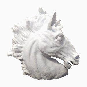 Sculpture Tête de Cheval Vintage en Faïence Laquée Blanche, 1980s