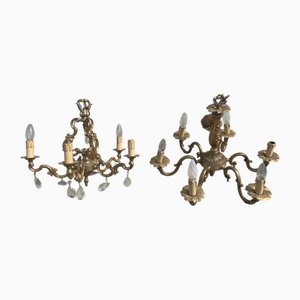 Louis XV Two Brass Chandeliers with 5 and 6 Branch, 1890s, Set of 2