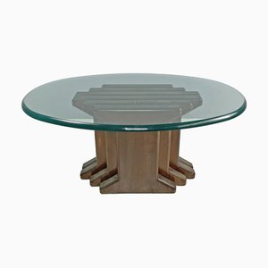 Moderner italienischer Couchtisch aus Holz mit geometrischem Gestell und Glasplatte, 1970er